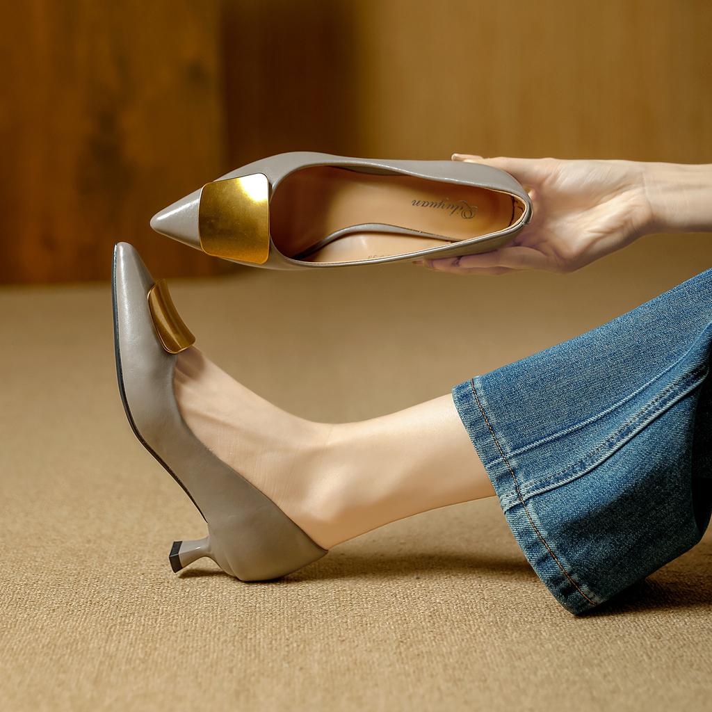 stiletto high heels 2026 spring French metal buckle pointed middle heel not tired feet soft leather shallow mouth single shoes