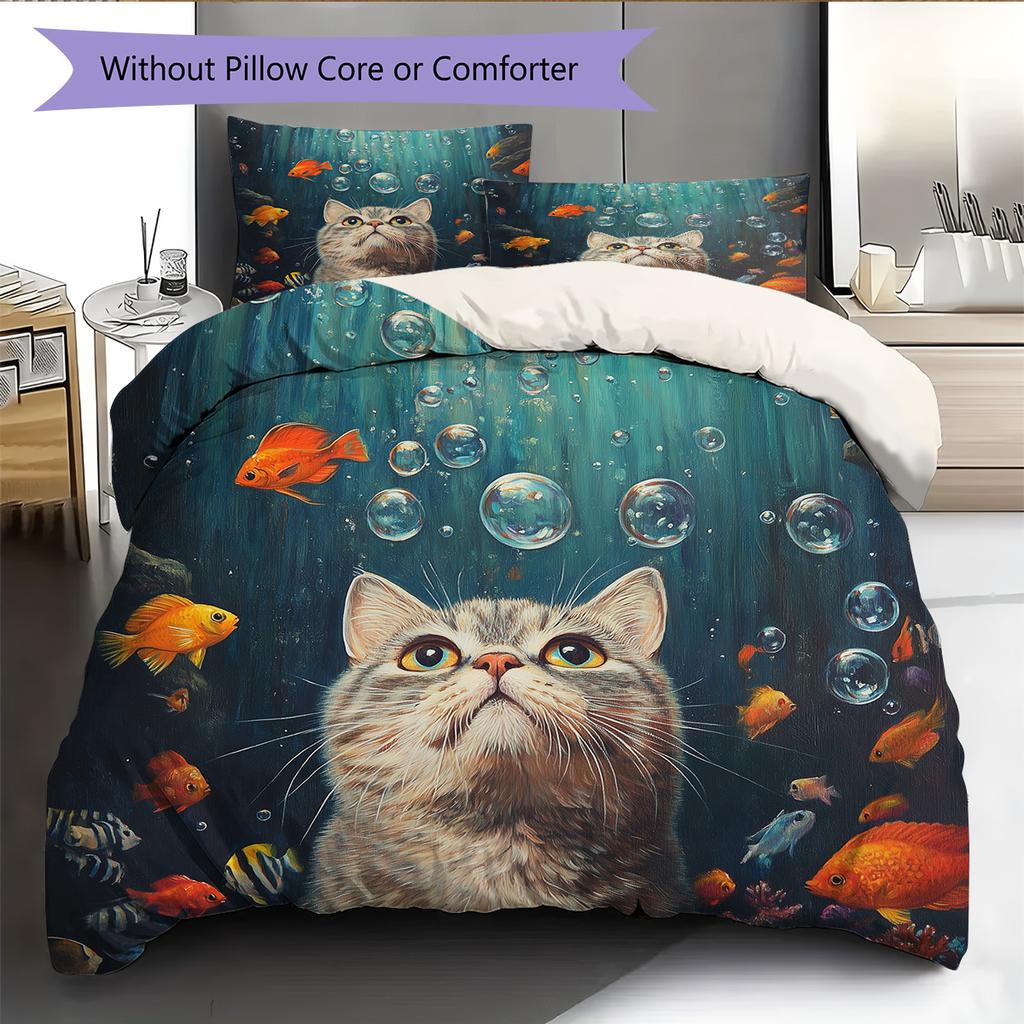 Bubble Cat Pattern Bedding Quilt Set Quilt Cover Pillowcase Home Decoration Gift (1 * duvet cover + 2 * pillowcase, without core)