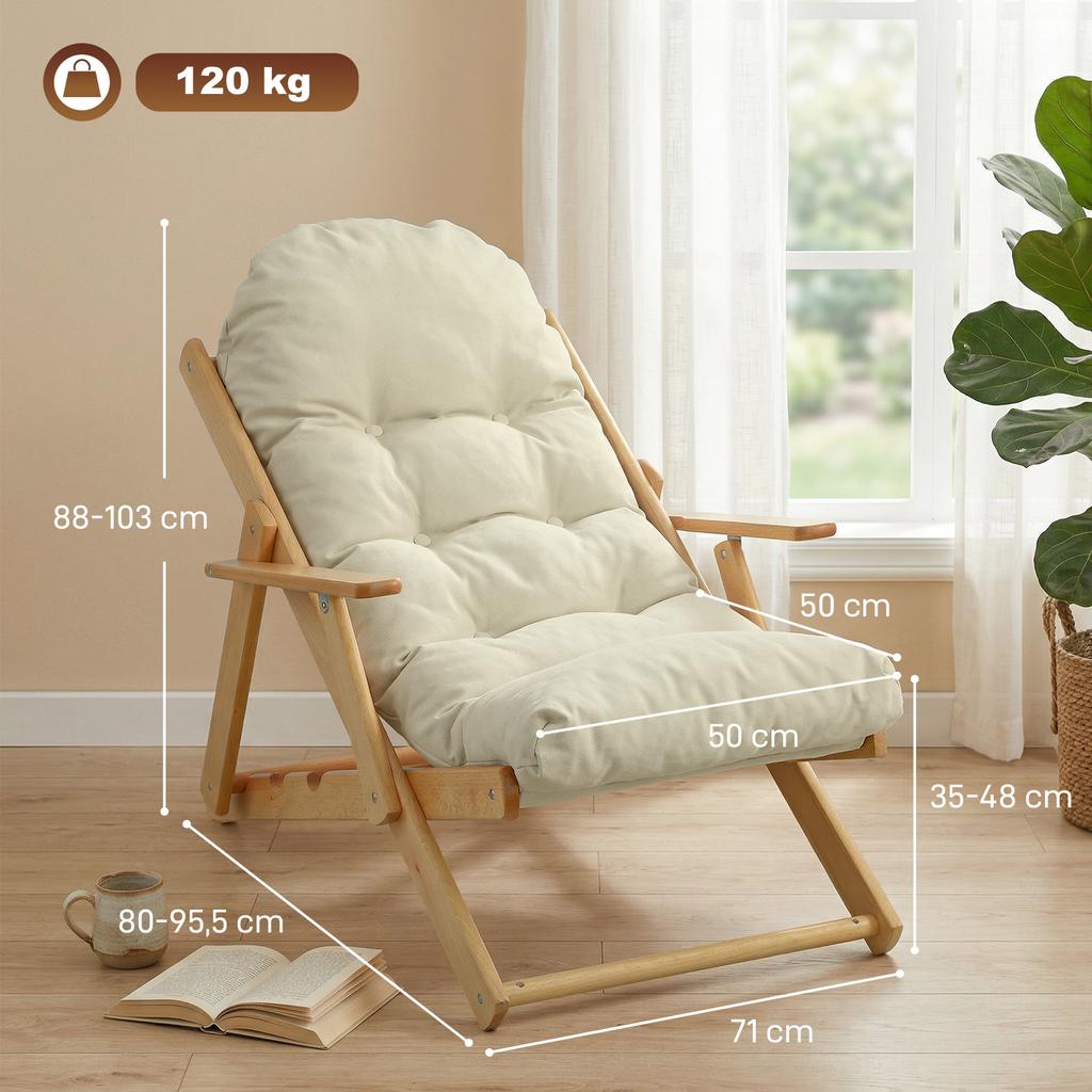 Folding Wooden Lounge Chair, Reclining, Padded Cushion