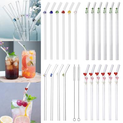 High Borosilicate Glass Drinking Straws Reusable Bar Tool for Coffee Mug Tea Beer Cocktail Love Heart Turtle Mushroom Flower