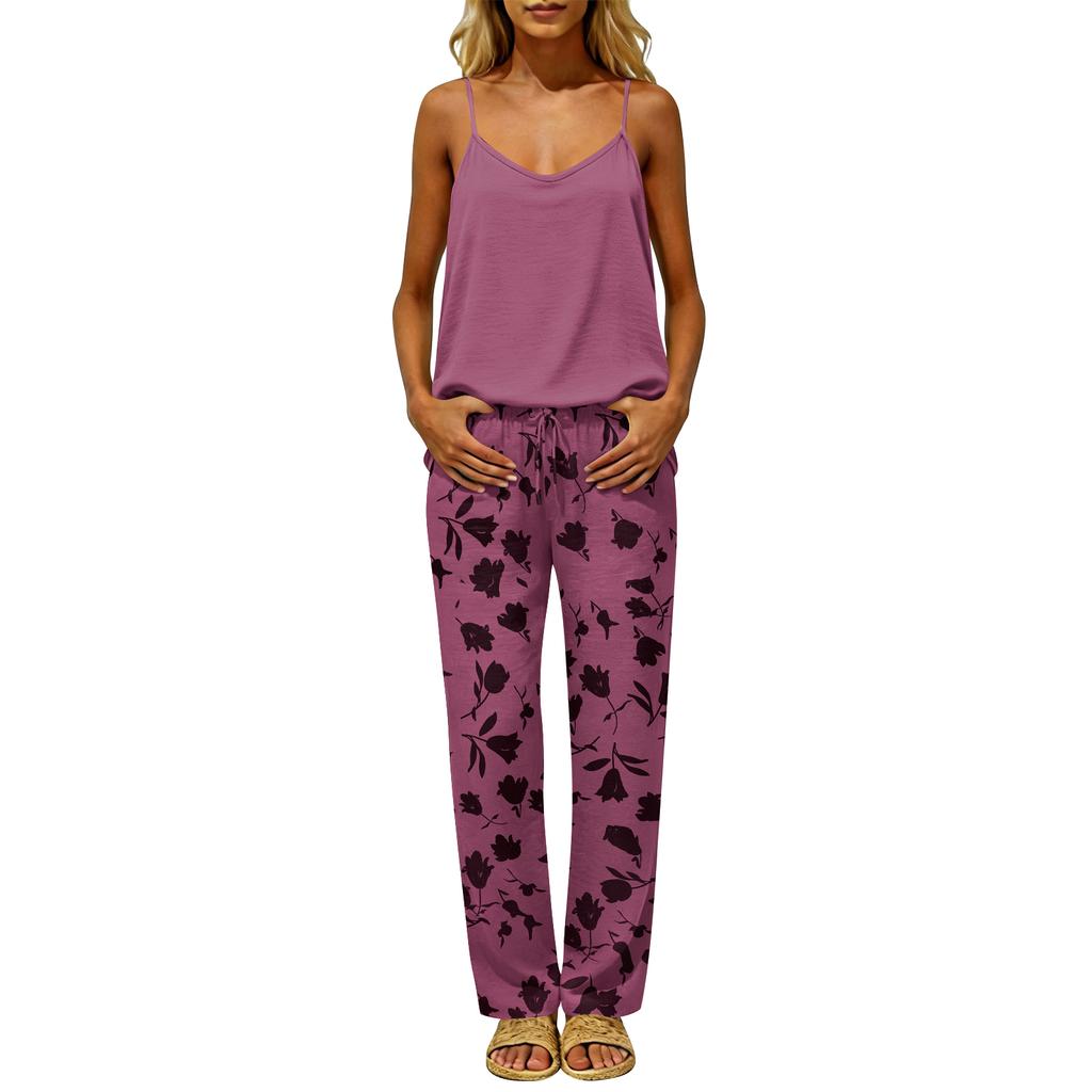 Women's Color Backless Sleeveless Pullover Top & Elastic Waist Pants Set, Casual Loungewear