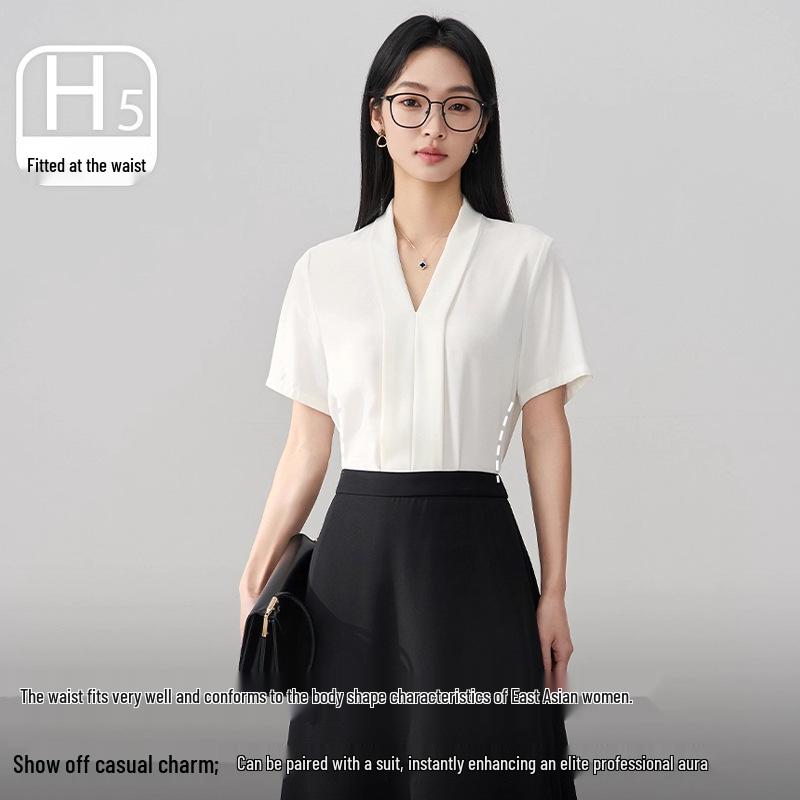 

Women s V-Neck, Waist-Cinching Chiffon Shirt – Ideal Formal Layer for Petite Professionals M