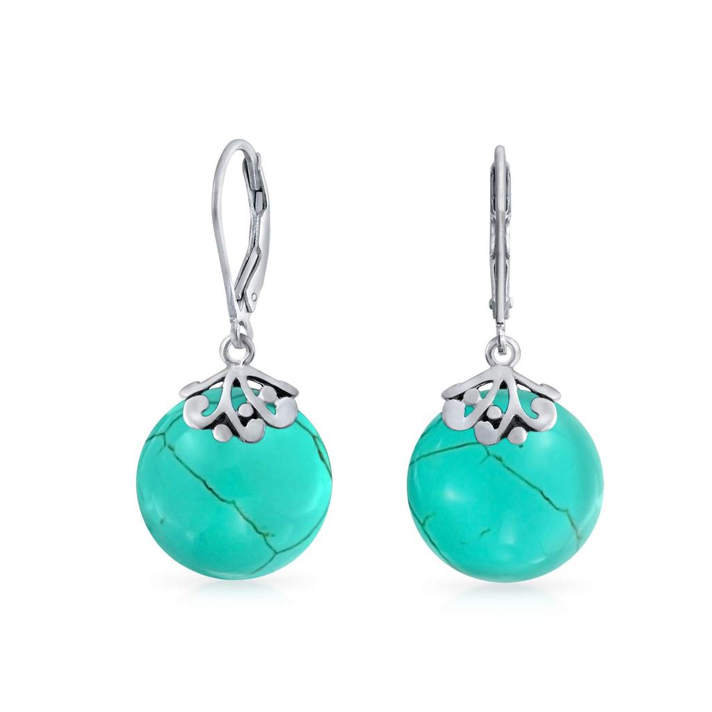 Western Style Filigree Lever Back Jewelry Blue Stabilized Turquoise Flat Round Disc Hanging Drop Earrings For Women Sterling Silver .925