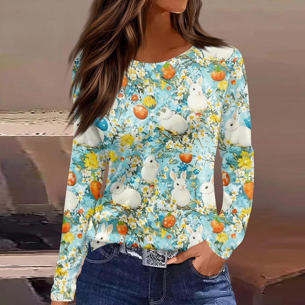 Women's Fashion Casual Slit Hem Round Neck Long Sleeve Loose Printed T-Shirt Ladies Top