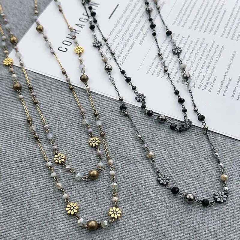 Stackable Double Layered Flower Beaded Chains Necklaces for Women Bohemian Ethnic Style Glass Beaded Sweater Chain Jewelry