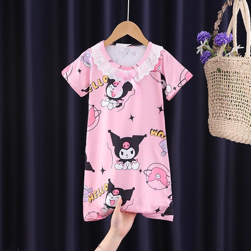 Girls' Summer Princess Lace Pajamas - Frozen Cartoon Nightgown with Short Sleeves KPOP Style Homewear