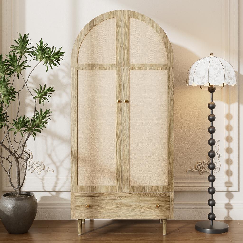 Kleiderschrank mit Schubladen, Holztüren mit Leinenstoffbezug, Großer Stauraum, Kleiderschrank für Schlafzimmer, Moderne Aufbewahrungslösung