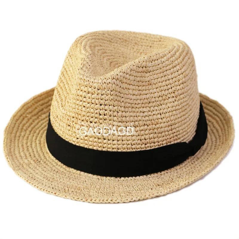 Natural Raffia Plus Size Jazz Sun Hats Men Women Summer Woven Trilby Straw Hat Fashion Sun Protection Beach Hat Panama 56-60cm
