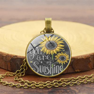 Vintage Sunflower You Are My Sunshine Cabochon Glass Chain Necklace Jewelry