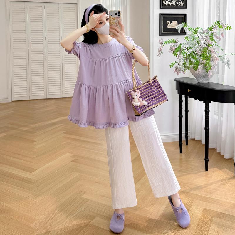 Summer 2026 Maternity Fashion: Ruffle Doll Shirt & Wide-Leg Pants Two-Piece Set Medium