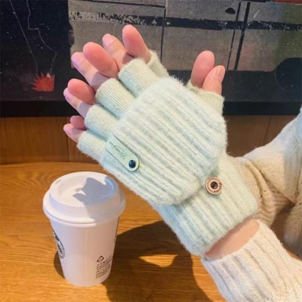 Winter Thick Half Finger Flip Gloves for Cute Women, Warm Cycling in Winter, Knitted for Students To Write and Type On
