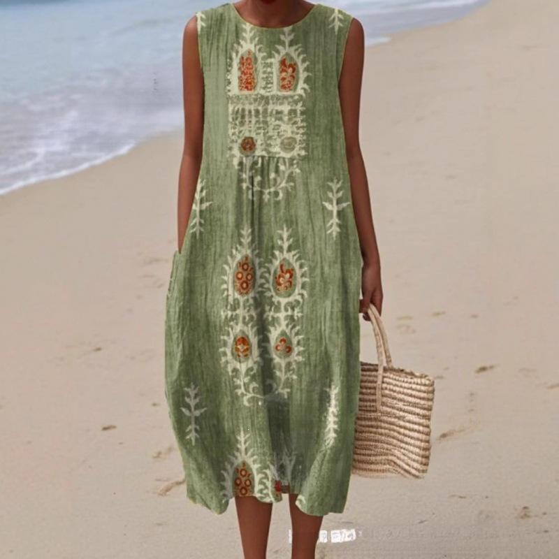 European and American New Summer Flower Ocean Printing European Size Round Neck Sleeveless Long Dress Creative Loose Dress