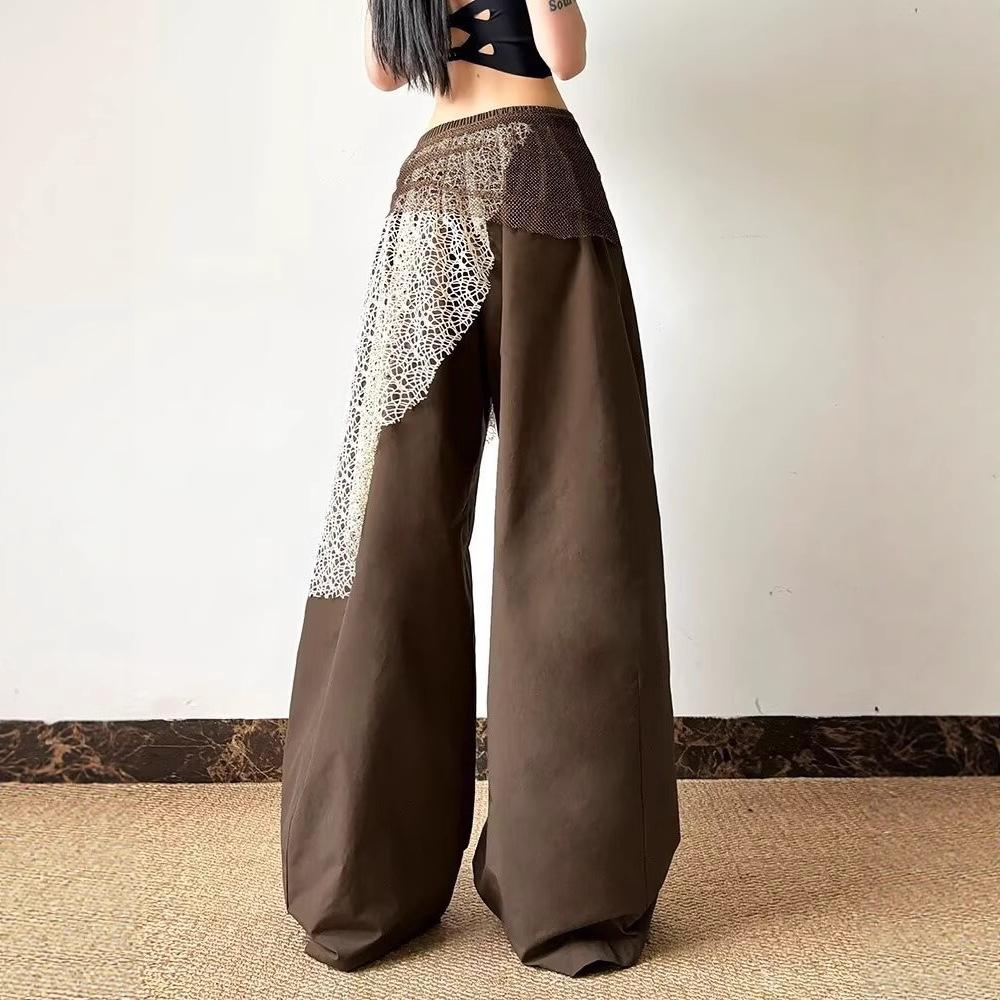 Brown Wide Leg Pants with Leopard Print Bow and Cross Waistband