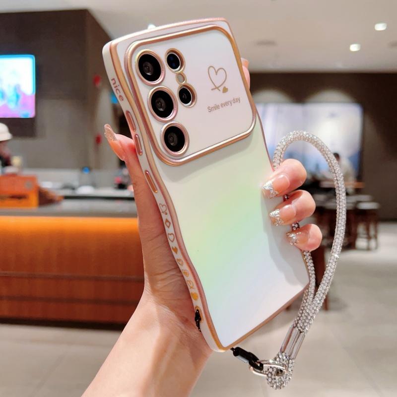 

Чехол для Samsung Galaxy S25 Ultra с ремешком, ТПУ задняя крышка телефона, ослепительный дизайн, волнистая форма, сердечко любви Colorful White