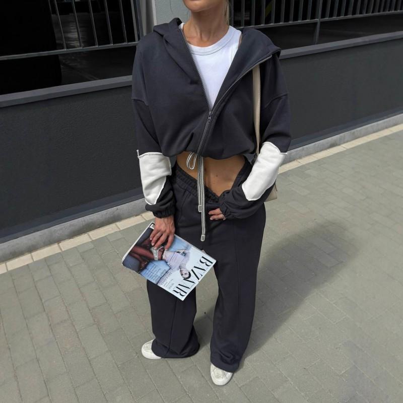 Womens Casual 2-Piece Set: Long Sleeve Zip-Up Hooded Cropped Cardigan Elastic Waist Wide Leg Pants