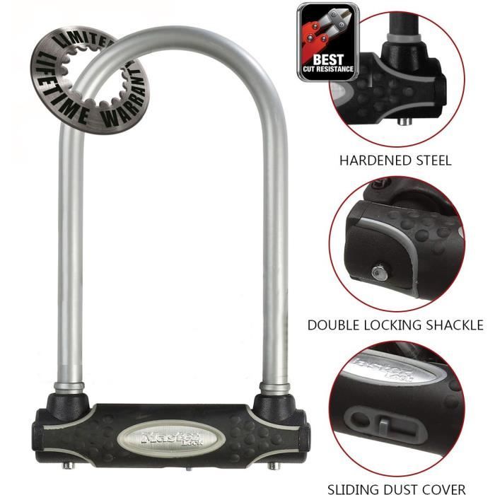 U-Lock Bicycle Lock with Key - MASTER LOCK - 8195EURDPROCOL - Hardened Steel Body - Double Locking Shackle