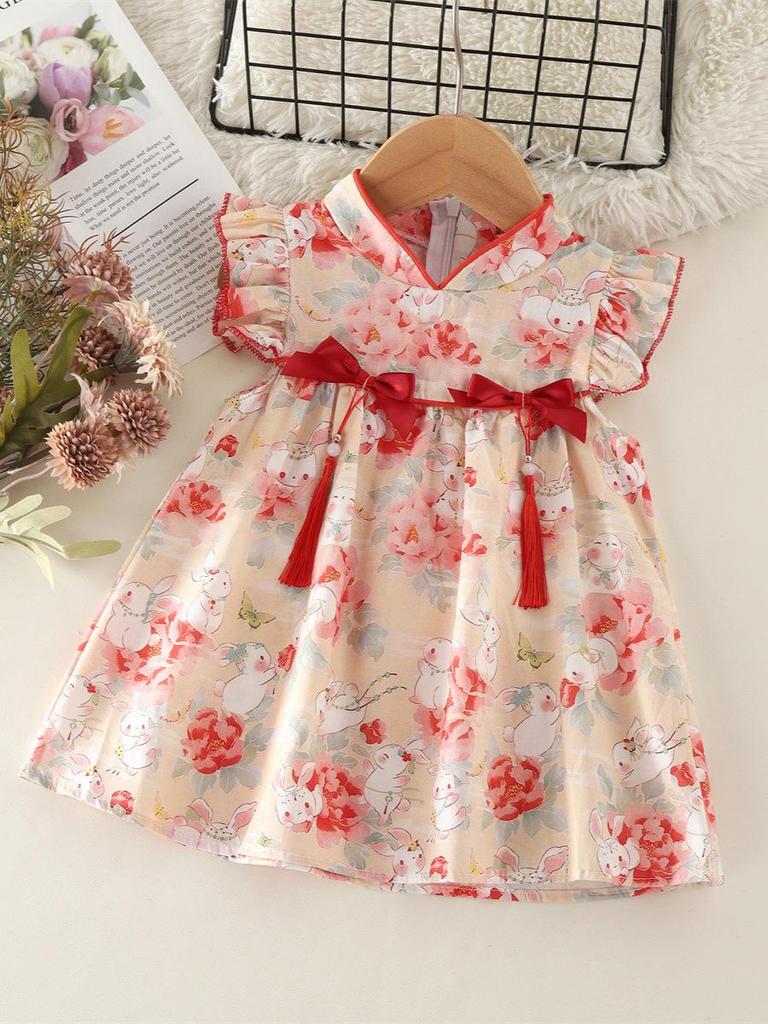 Baby Girl Summer Cheongsam Dress - Cartoon Rabbit & Floral Print