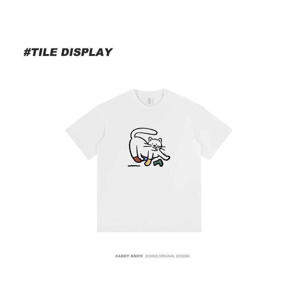 Damen T-Shirt mit japanischem Kätzchen-Print - Reine Baumwolle, Kurzarm, Niedlich und locker geschnitten mit Rundhalsausschnitt