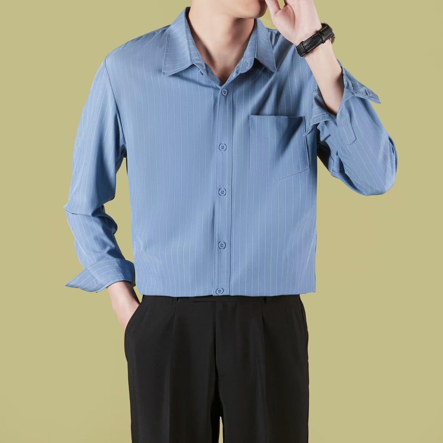 

Полосатая рубашка мужская с длинным рукавом весенне-летняя тонкая легкая зрелый стиль красивый повседневный деловой глаженная рубашка S светло-синий