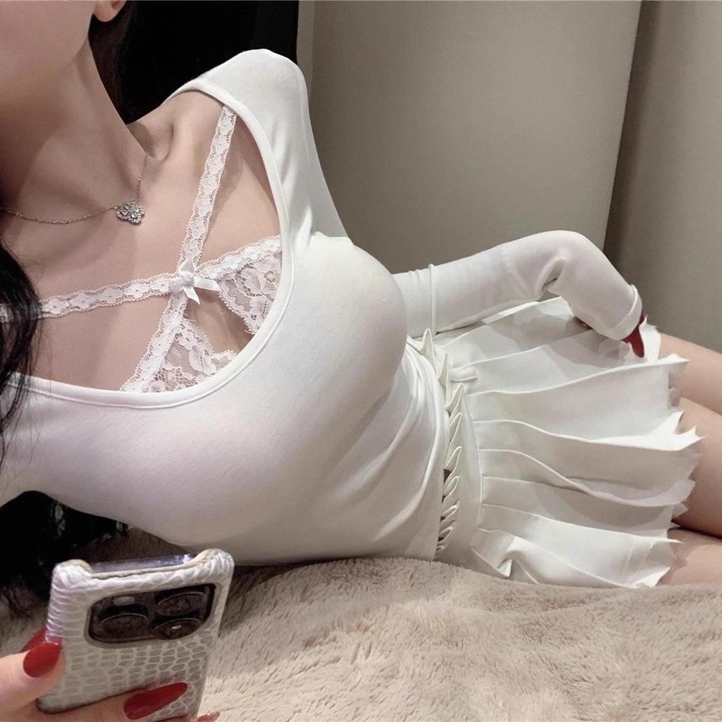 European & American Sexy Slim Lace Patchwork U-Neck Long Sleeve T-Shirt for Spring & Autumn