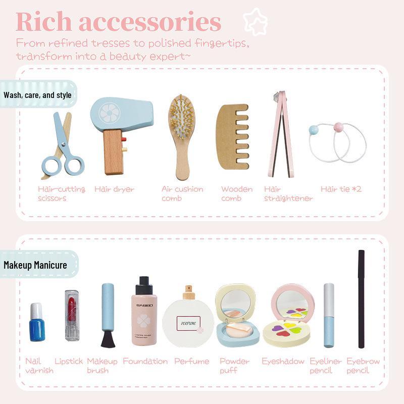 Wooden Four-Leaf Clover Vanity Toy: Baby Girl's Imitation Dressing Table with Lipstick, Eyeshadow, Hair Dryer, and Mask