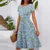 Women's Casual Fashion Round Neck Pleated Short Sleeve Floral Print A-Line Midi Dress