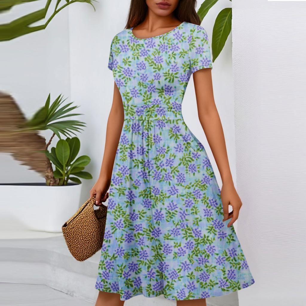 Women's Casual Fashion Round Neck Pleated Short Sleeve Floral Print A-Line Midi Dress