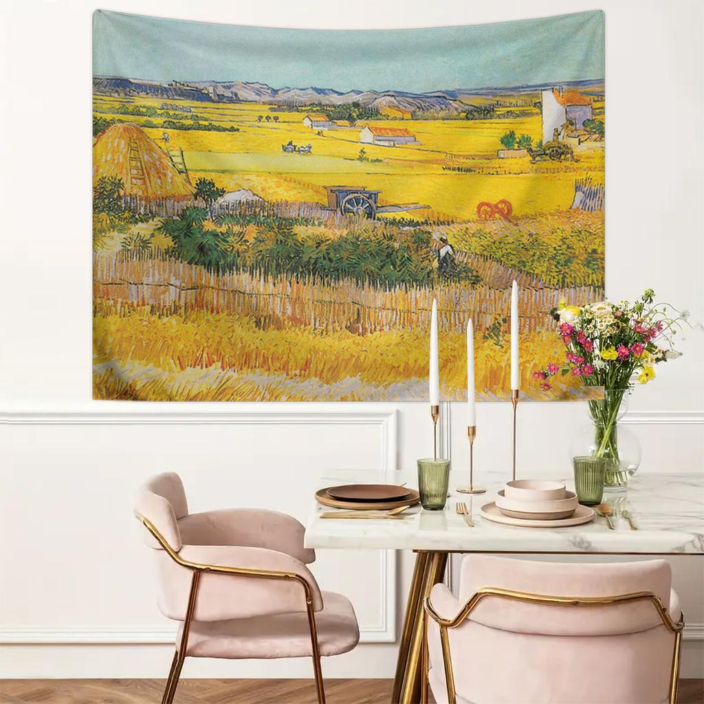 1pc Van Gogh's vintage oil painting "Harvest" tapestry, decorated with retro pastoral art, hung on the walls of rooms