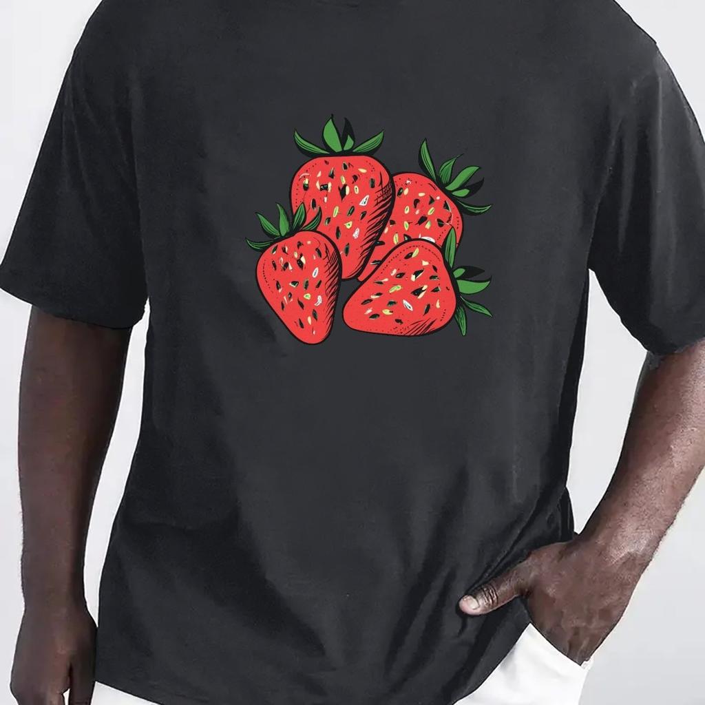 Strawberries Print Graphic Tee Men Casual Short Sleeve Crewneck Cotton Summer TShirt