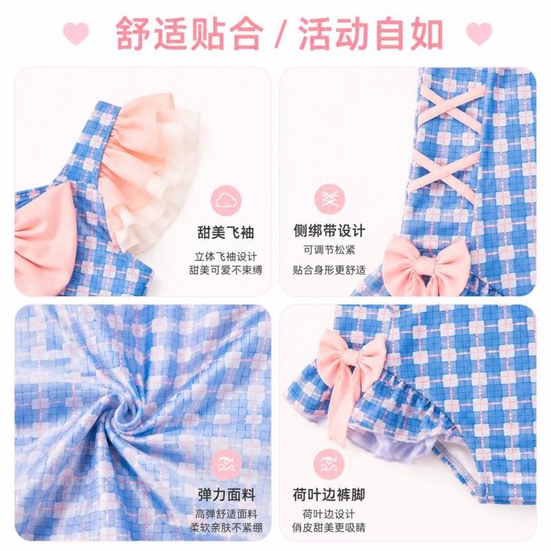 Girls One-Piece Swimsuit With Ruffled Sleeve Bow Tie Side Ties Blue Pink Plaid Ages 2-12