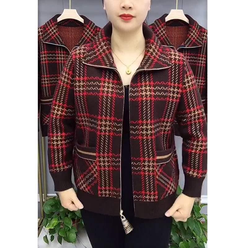 Samt Color-Block Warme Karojacke mit Revers & Reißverschluss für Mittleren Alters & Ältere - Neue Herbst/Winter Mode.