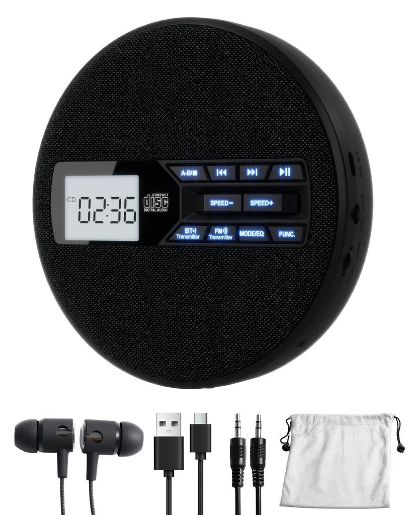 Wiederaufladbarer tragbarer CD-Player mit Dual-Lautsprechern und Anti-Skip, CD, Dual-Bluetooth, FM-Übertragung, USB, AUX, LCD-Display, beleuchtete Tasten, Wiederholung