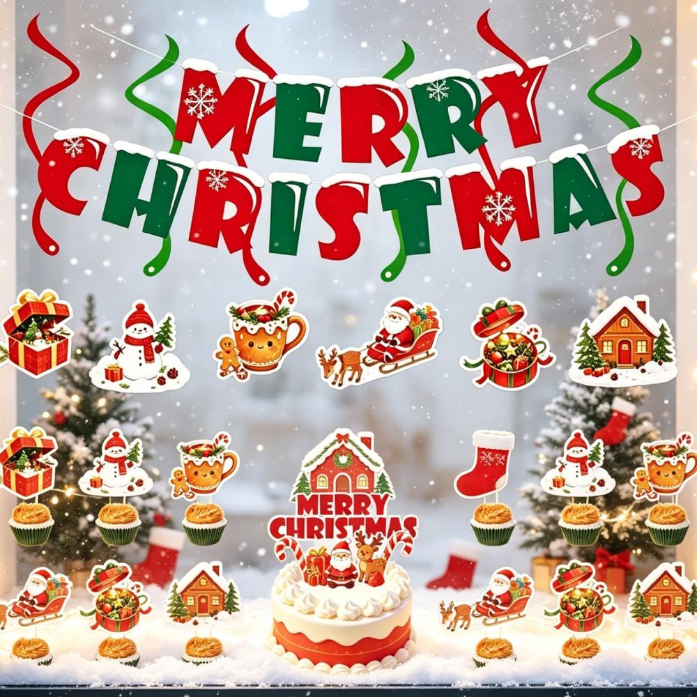 Christmas Party Decoration Set with Merry Christmas Letter Banner, 6pcs Hanging Swirls and 13pcs Cake Toppers