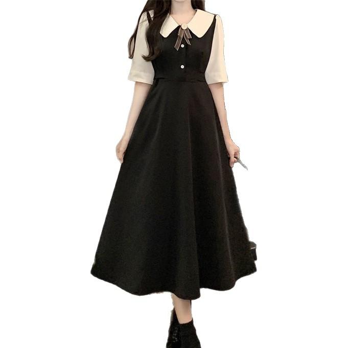 College style splicing contrasting color doll collar bubble sleeve dress high-end women's summer large size waist A-word long dress