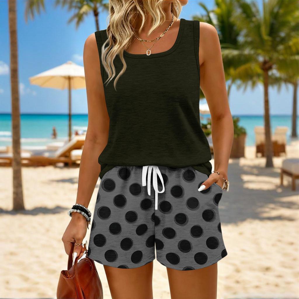 Women Summer Casual Two Piece Set Sleeveless Tank Top with Square Neck Drawstring Waist Shorts with Pockets Lightweight Lounge Outfit