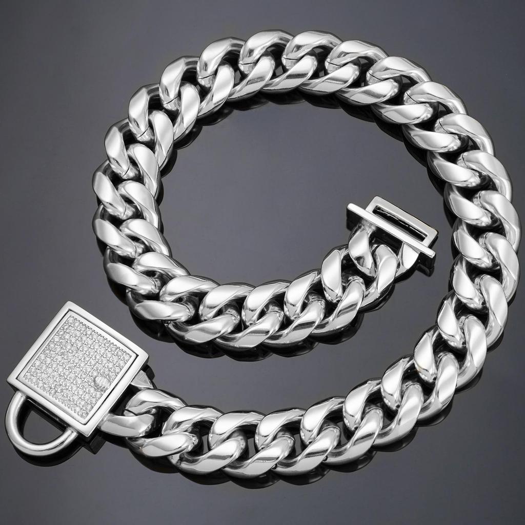 14mm Wide Gold Dog Leash and Titanium Steel Collar with Paved Diamond Buckle