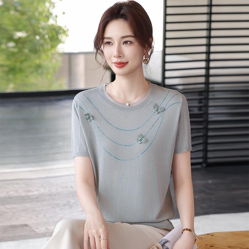 Mother's Day Summer Ice Silk T-shirt for Middle-Aged Women - Short Sleeve, Age-Reducing, Loose Fit