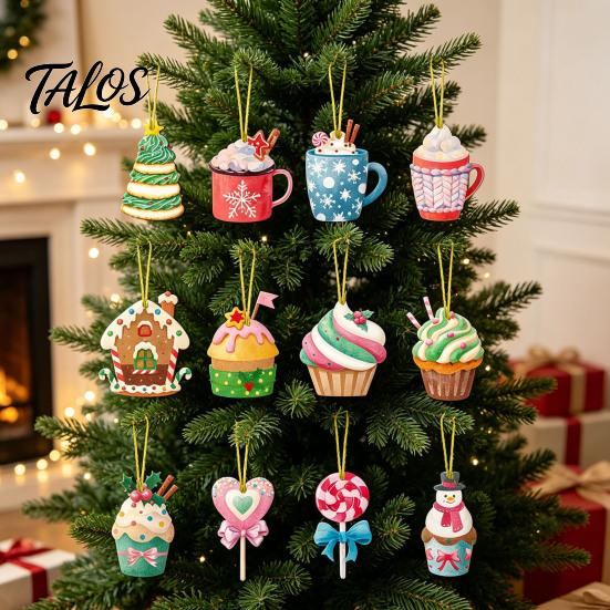 Holiday Hanging Pendants Christmas Wooden Ornament, Lollipop Cupcake Ice Cream Popsicle Cute Snowman Decor Decorations for Xmas Tree, Window,
