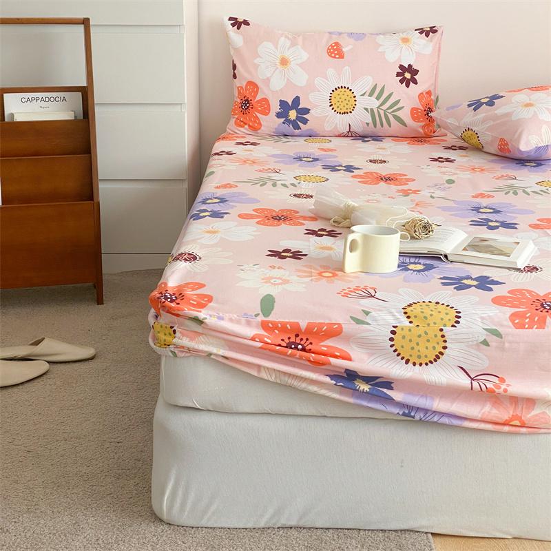 Colorful Floral Fitted Sheet Set 100% Cotton Bedding Set 3Pcs Bed Cover Pillowcases Skin-friendly Breathable Bedroom Decor