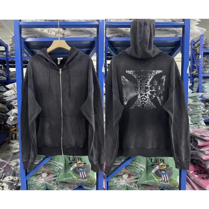 Mens Oversized Hooded Zip-Up Sweatshirt With Graphic Print Cotton Blend Fall Winter Streetwear
