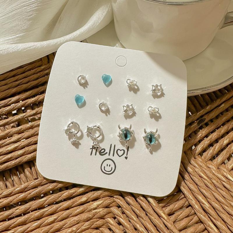1Set Simple And Compact Silver Needle Earring Set Love Geometric Earring Combination Cute Sweet And Versatile Earrings