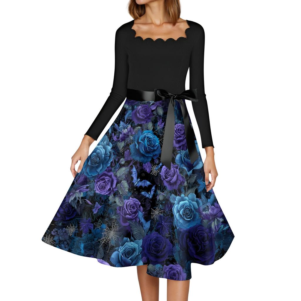 Women's Casual Vintage Halloween Print Square Neck Long Sleeve Dress Retro Fit Flared Skirt Midi Length with Waist Tie Belt