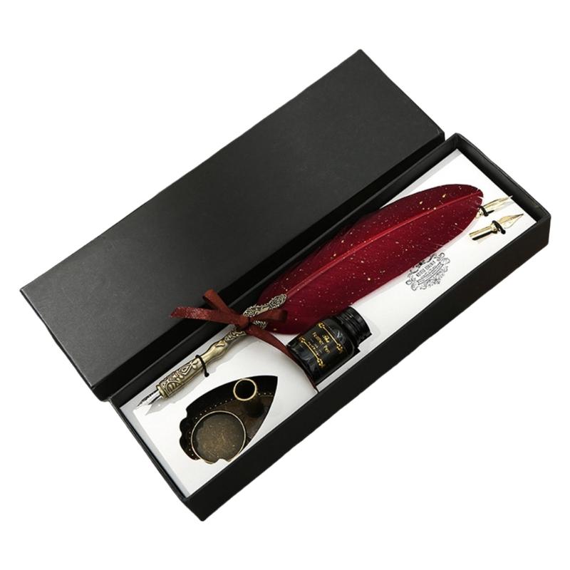 

Vintage Signature Pen Calligraphy Pen for Writing, Delicate Gift Fancy Pen Feather Calligraphy Pen Set Luxury Quills Pen вина червоного кольору