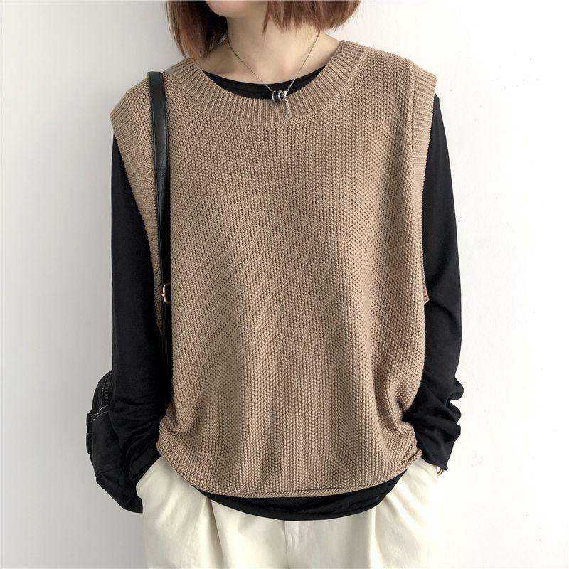 Women's Plus-Size Loose Knitted Vest Outer-Wear for Autumn and Winter Retro Versatile Crew Neck Pullover Sweater Gilet Cardigan