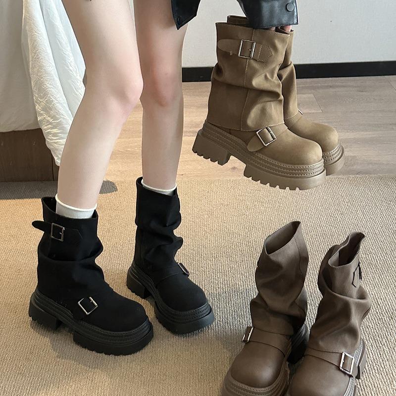 Small thick-soled Martin boots women's new autumn Maillard brown trousers stacked short boots