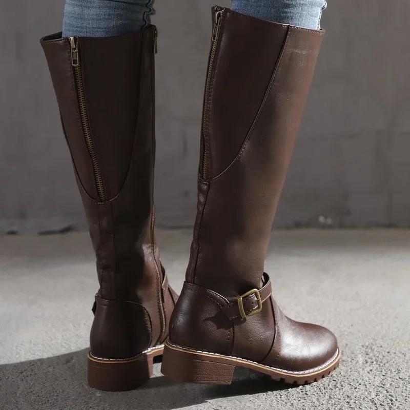 Women Leather Knee High Boots Women's Buckle Long Knight Boots Female Combat Boots Women Low Heels Shoes Plus Size 43