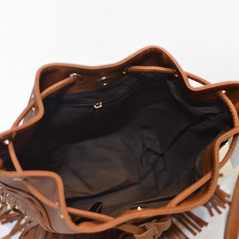 Geantă cu ciucuri din piele PU Geantă de mână în stil european și american cu șnur Geantă retro de umăr Messenger Geantă de mână pentru femei Brand de designer