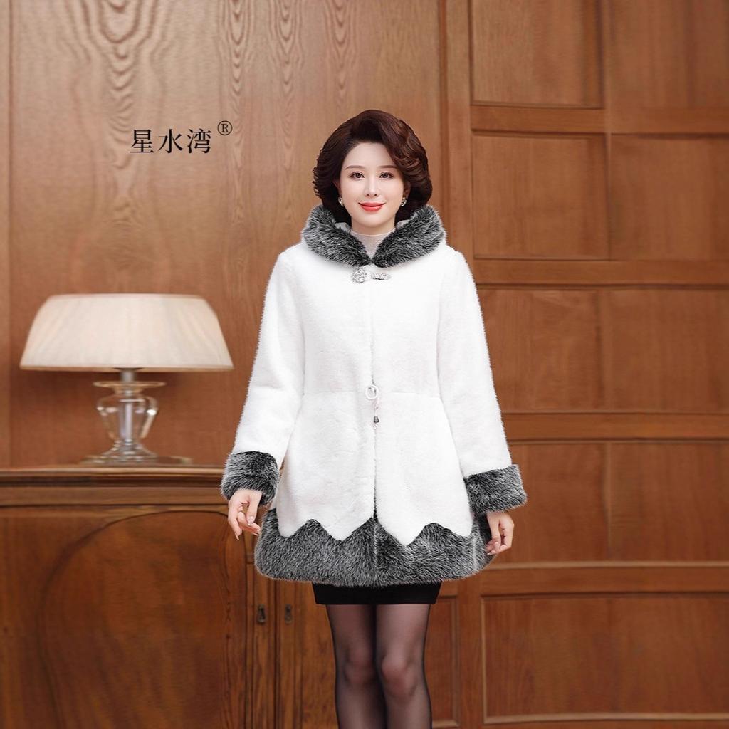 Imitation mink fur mink fur coat middle-aged and elderly coat medium and long hooded cotton-padded coat mink fur waist