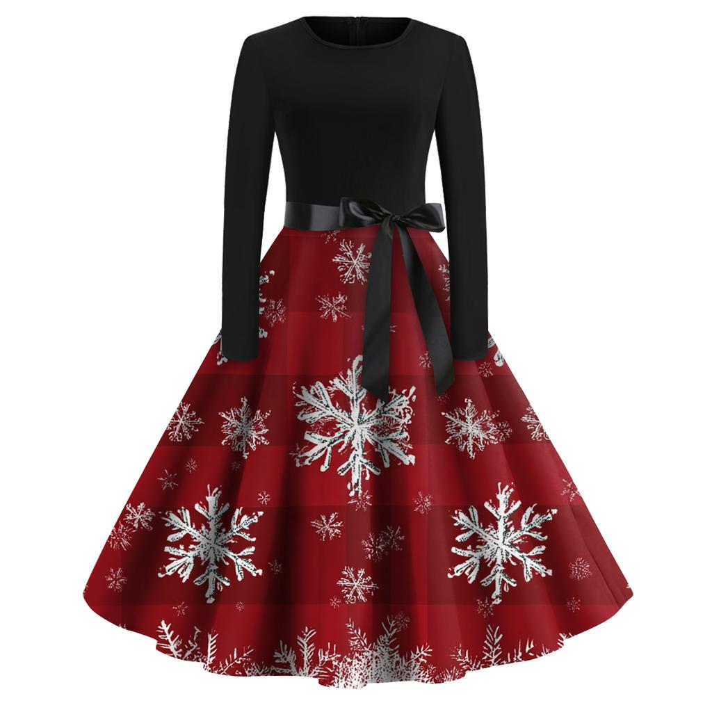 Dámské módní kulaté ležérní slim fit šaty s vánočním potiskem, velké kolové, s dlouhým rukávem