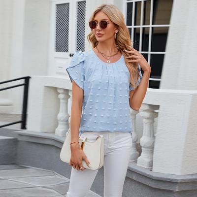 Summer Women's T-shirt Jacquard Round Neck Petal Sleeve Solid Color Chiffon Shirt Short Sleeve Tops